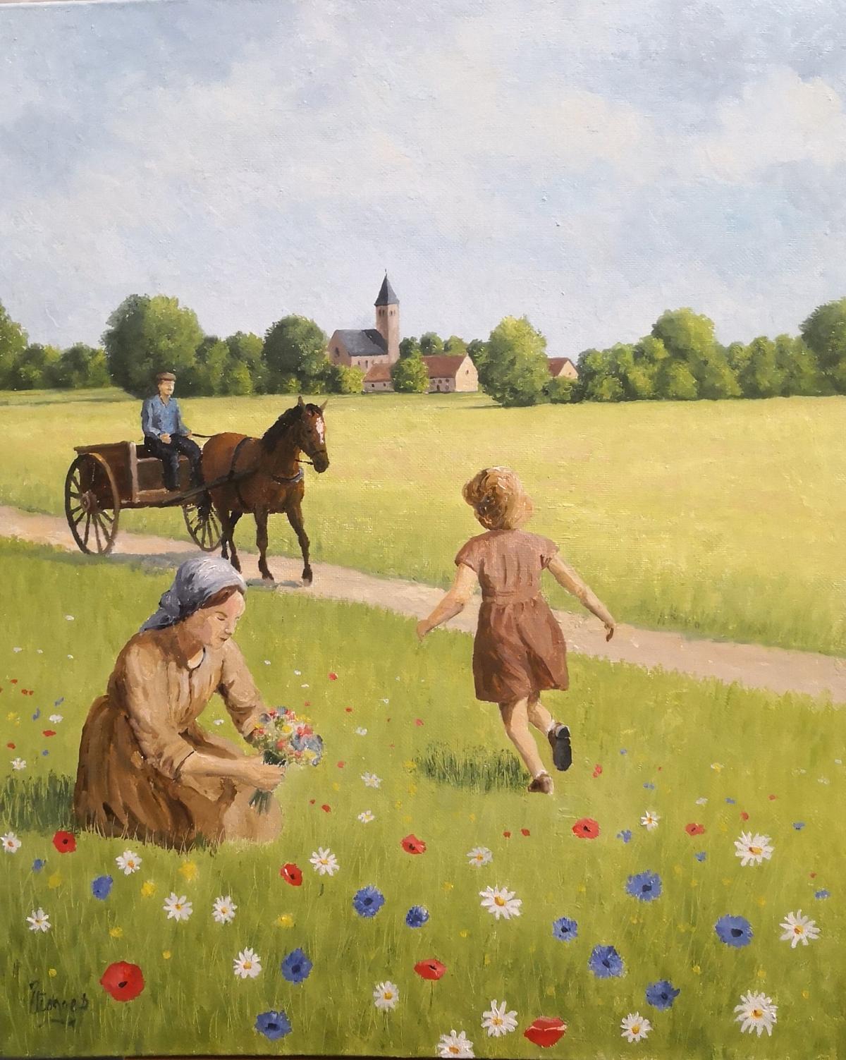 coq, poules, basse cour, ferme, impressionniste, figuratif